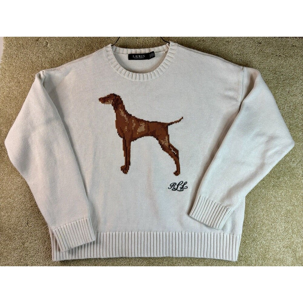 Lauren Ralph Lauren Ivory Women’s Dog Sweater Size XL Intarsia Knit Vizsla EUC